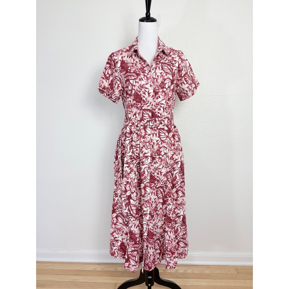 Rachel Zoe Tropical Floral & Bird Linen Blend Midi Button Up Dress Size Medium